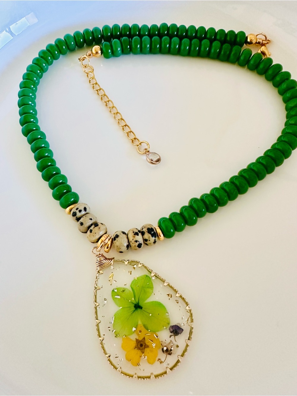 Green Beaded Necklace with Floral Teardrop Pendant